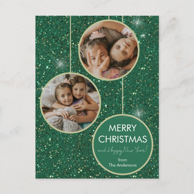 Green Glitter Photo Merry Christmas Holiday Postcard (Front)