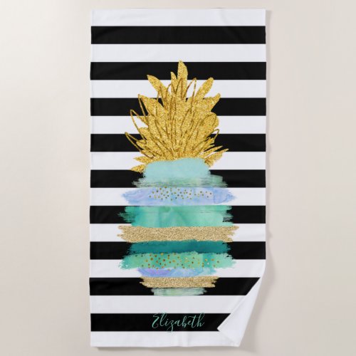 Green Glitter Pineapple Black White Stripes Beach Towel