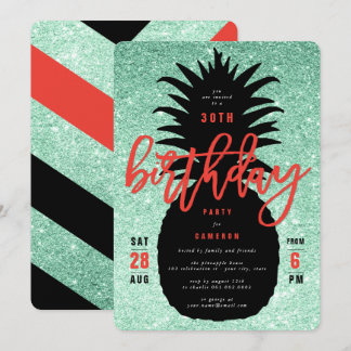 Green Glitter Pineapple Chic Birthday Party Invite