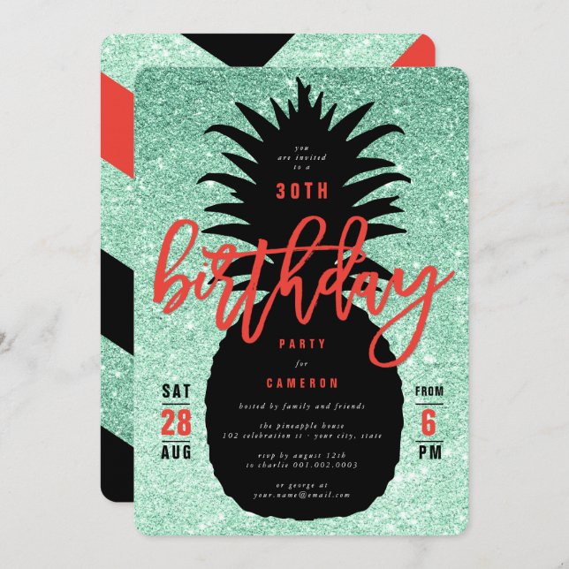 Green Glitter Pineapple Chic Birthday Party Invite (Front/Back)
