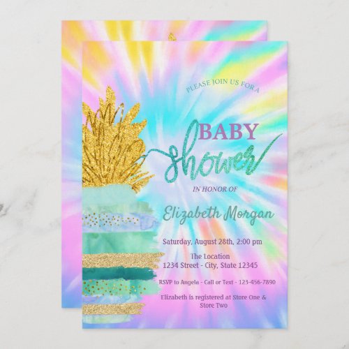 Green Glitter Pineapple Tie Dye Baby Shower Invitation