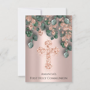 Green Glitter Rose First Holy Communion Cross Invitation