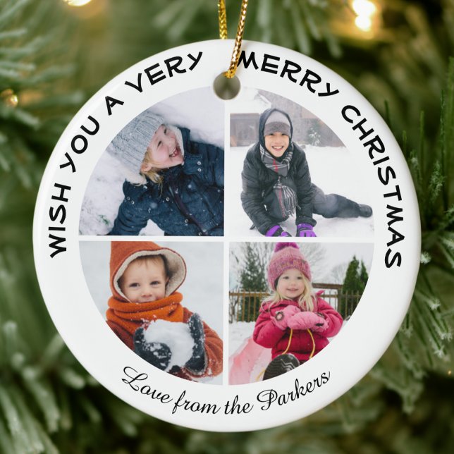 Green Glitter Script 4 Photo Collage Christmas Ceramic Ornament (Creator Uploaded)