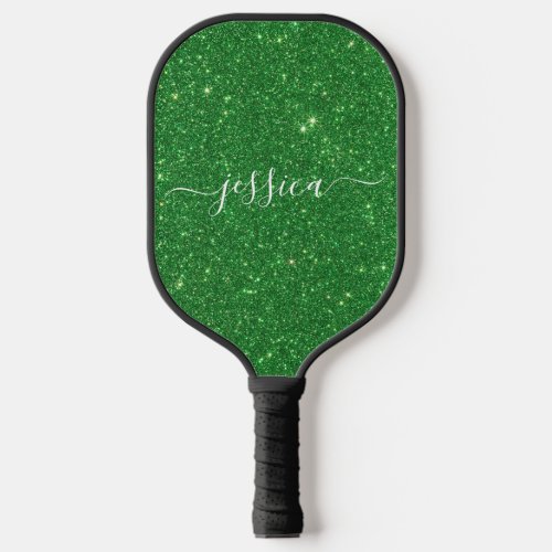 Green glitter script name pickleball paddle