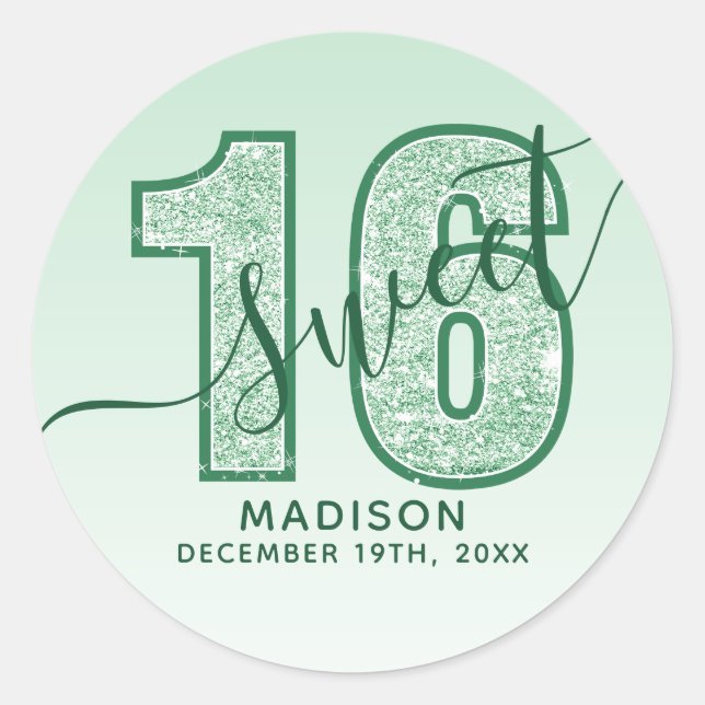 Green Glitter Script Sweet 16 Birthday Classic Round Sticker (Front)