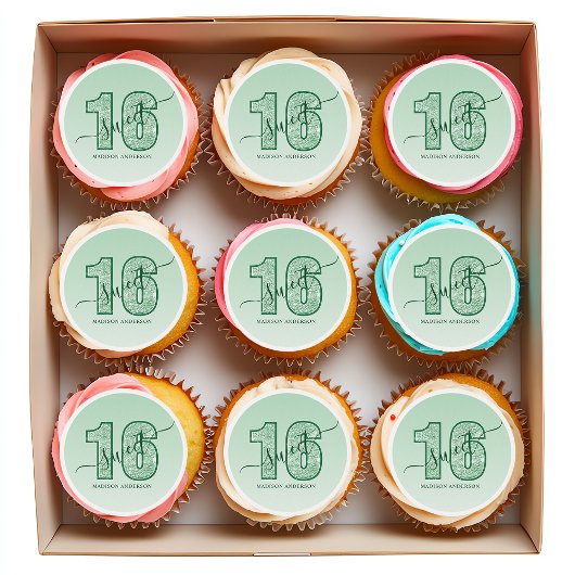 Green Glitter Script Sweet 16 Birthday Edible Frosting Rounds
