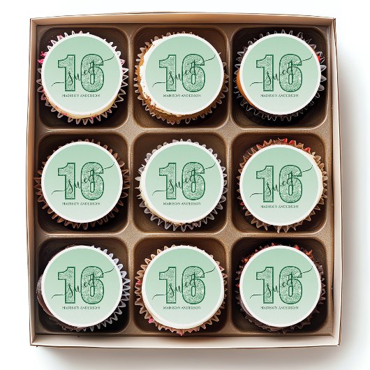 Green Glitter Script Sweet 16 Birthday Edible Frosting Rounds