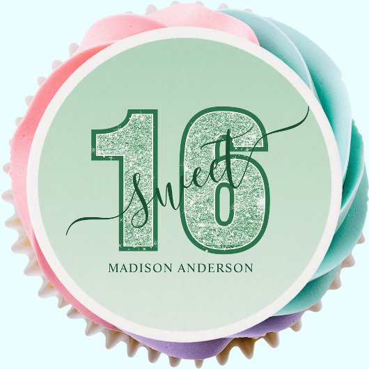 Green Glitter Script Sweet 16 Birthday Edible Frosting Rounds