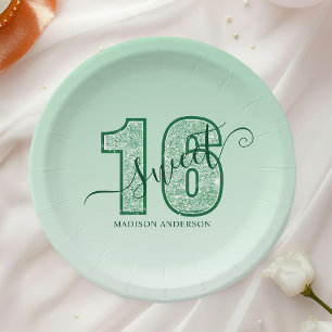 Green Glitter Script Sweet 16 Birthday Paper Plates