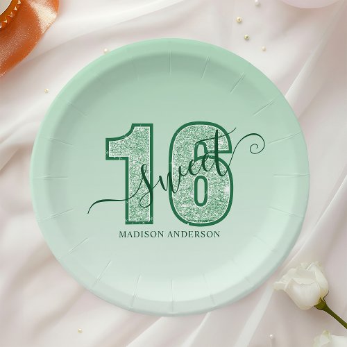 Green Glitter Script Sweet 16 Birthday Paper Plates