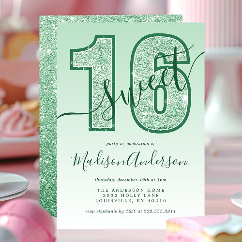 Green Glitter Script Sweet 16 Birthday Party Invitation