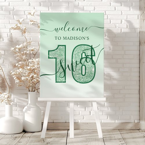 Green Glitter Script Sweet 16 Birthday Welcome Foam Board