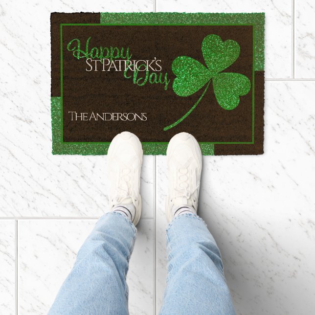 Green Glitter Shamrock Happy St Patrick’s Day  Fiber Doormat (Insitu)