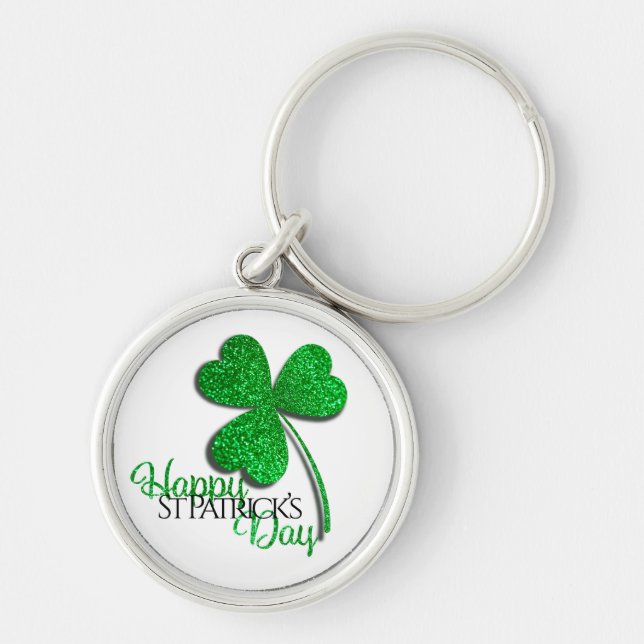 Green Glitter Shamrock Happy St Patrick’s Day  T-S Keychain (Front)