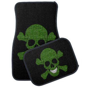Green Glitter Skull And Crossbones Car Floor Mat