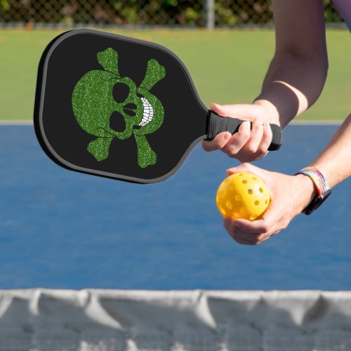 Green Glitter Skull And Crossbones Pickleball Paddle