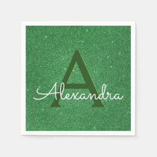 Green Glitter & Sparkle Monogram Initial Birthday Paper Napkins