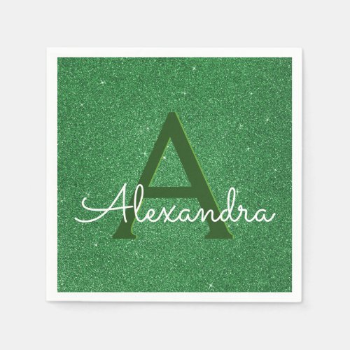 Green Glitter  Sparkle Monogram Initial Birthday Paper Napkins