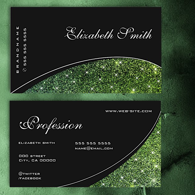 Green Glitter Sparkle Ombre Stars Elegant Black Business Card (Creator Uploaded)