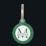 Green Glitter Sparkly Monogram Pet ID Tag<br><div class="desc">Green glitter printed background with custom cat or dog name and monogram. Just type in your personalized text for a Christmas or school colors pet ID collar charm. See our collection of coordinating bowls and get a set!</div>