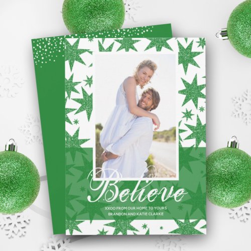 Green Glitter Stars Christmas Photo Holiday Card