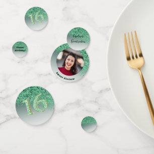 Green Glitter Sweet 16 Birthday with Photo Confetti