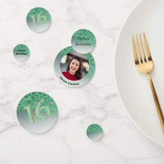 Green Glitter Sweet 16 Birthday with Photo Confetti