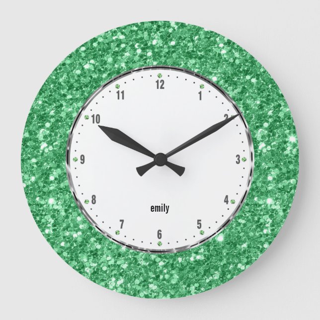 Green Glitter Texture Print Large Clock (Front)