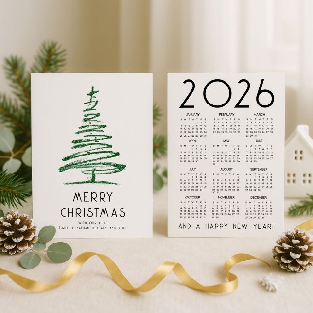Green Glitter Tree 2026 Calendar Merry Christmas Holiday Card (Front and back view)