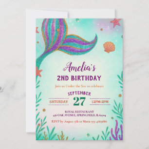 Green Glitter Under the Sea Mermaid Tail Birthday Invitation