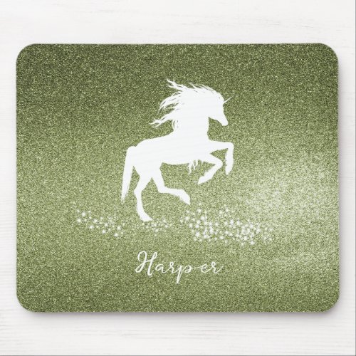 Green Glitter Unicorn Mouse Pad