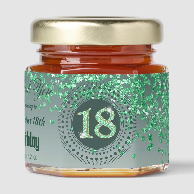 Green Glitter & Unique number 18 Decoration Honey Jar Favors (Front)