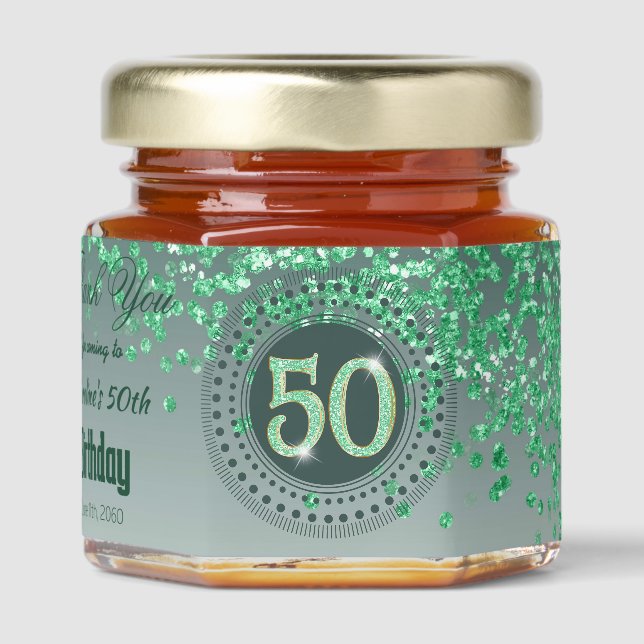 Green Glitter & Unique number 50 Decoration Honey Jar Favors (Front)