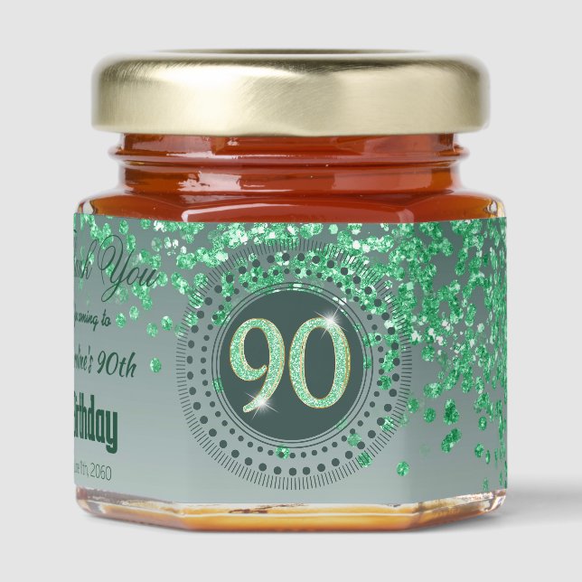 Green Glitter & Unique number 90 Decoration Honey Jar Favors (Front)