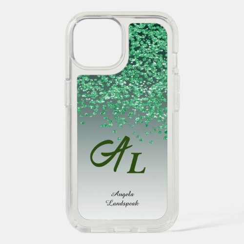 Green Glitter with Big Initials  Name iPhone 15 Case