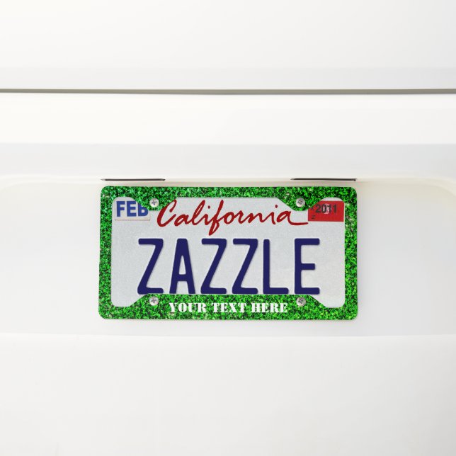 Green glitter with custom text license plate frame (On Car)