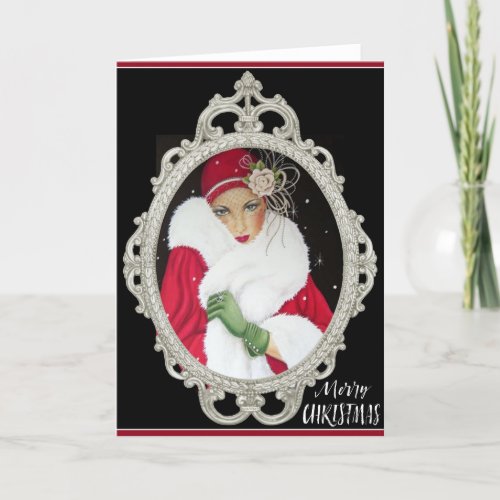 Green Gloves Red Coat Vintage Art Deco Lady Holiday Card