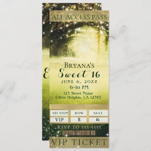 Green Glow Forest  Sparkle Lights Sweet 16 Ticket Invitation