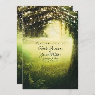 Green Glow Forest & String Lights Rustic Wedding Invitation