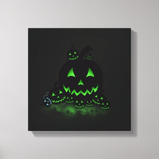 Green Glowing Black Halloween Jack O Lanterns Canvas Print (Front)