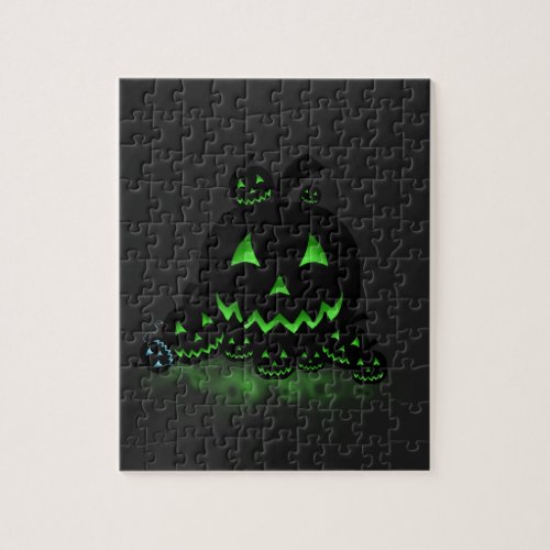Green Glowing Black Halloween Jack O Lanterns Jigsaw Puzzle
