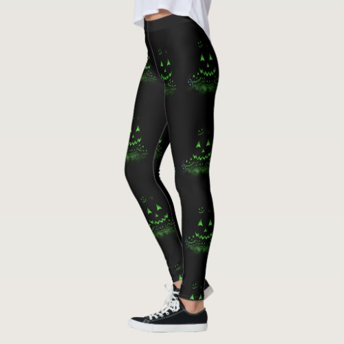 Green Glowing Black Halloween Jack O Lanterns Leggings