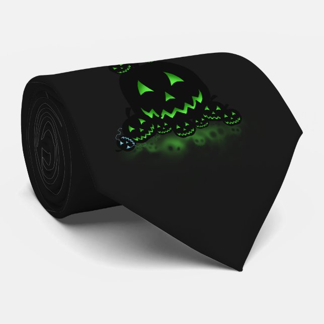 Green Glowing Black Halloween Jack O Lanterns Neck Tie (Rolled)