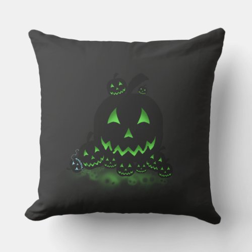 Green Glowing Black Halloween Jack O Lanterns Outdoor Pillow