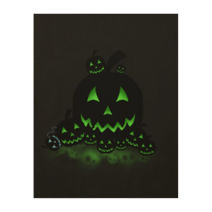 Green Glowing Black Halloween Jack O Lanterns Wood Wall Art