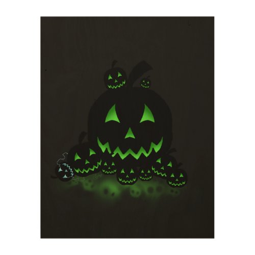 Green Glowing Black Halloween Jack O Lanterns Wood Wall Art