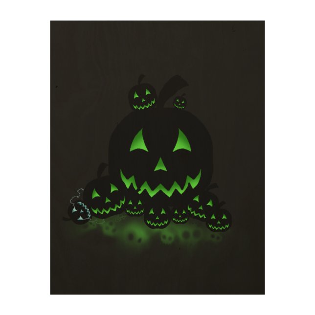 Green Glowing Black Halloween Jack O Lanterns Wood Wall Art (Front)