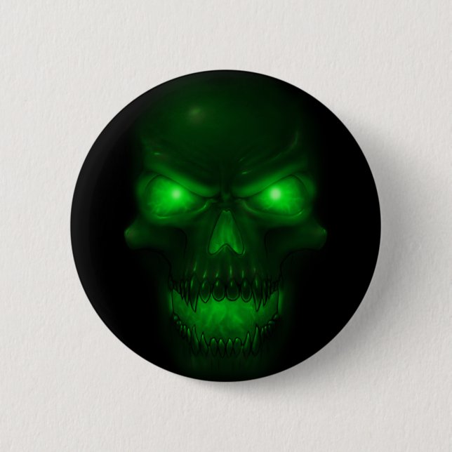 Green Glowing Skull Pinback Button (Front)