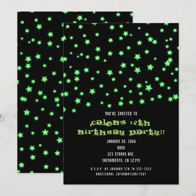 Green Glowing Stars Birthday Party Invitations (Front/Back)