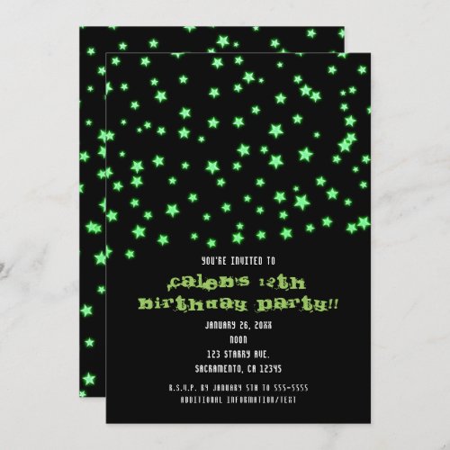 Green Glowing Stars Birthday Party Invitations